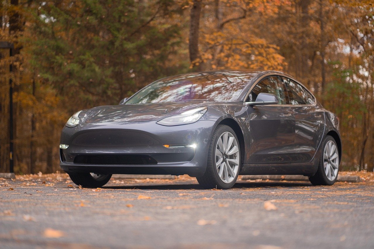 car, car wallpapers, fall, vehicle, tesla, model 3, lights, brown car